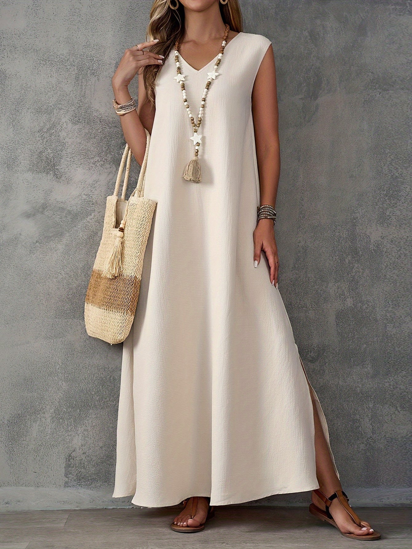 Robe longue femme – Coupe fluide – Col en V – Sans manches – Fentes latérales – Coton