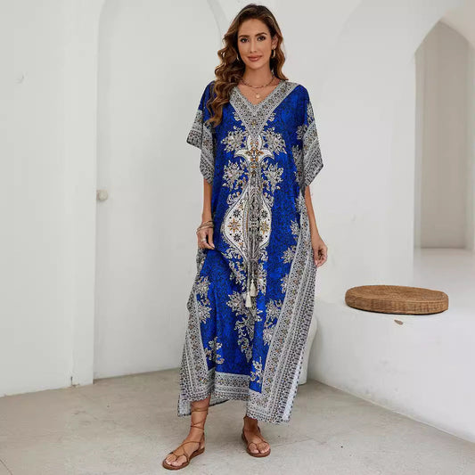 Women's long dress – Flowing cut – V-neck – Short wide sleeves – Ornate patterns