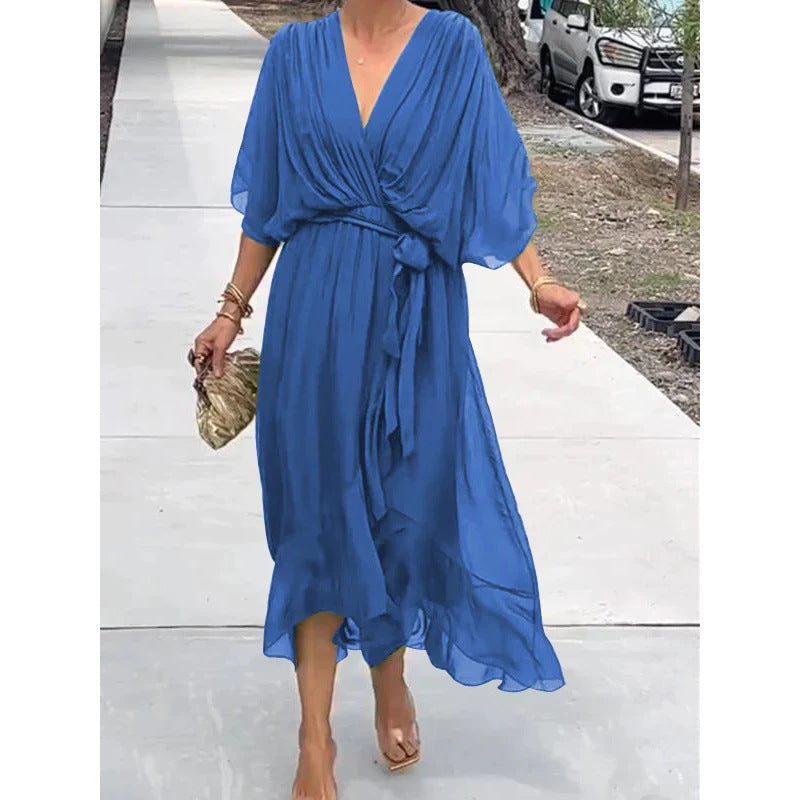 Women's long dress – Fluid fabric – Batwing sleeves – Tied belt – Asymmetrical hem