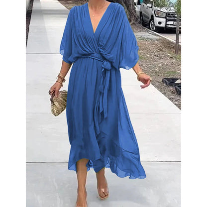Women's long dress – Fluid fabric – Batwing sleeves – Tied belt – Asymmetrical hem