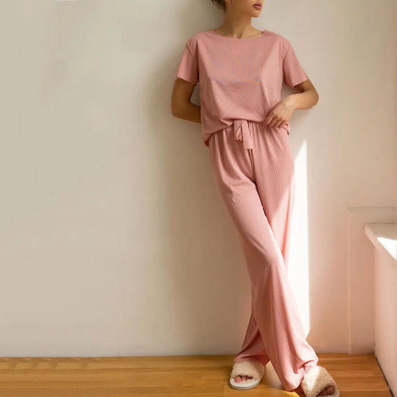 Women's Lounge Set – Cropped Top Short Sleeves – Wide Leg Pants – Breathable Fabric