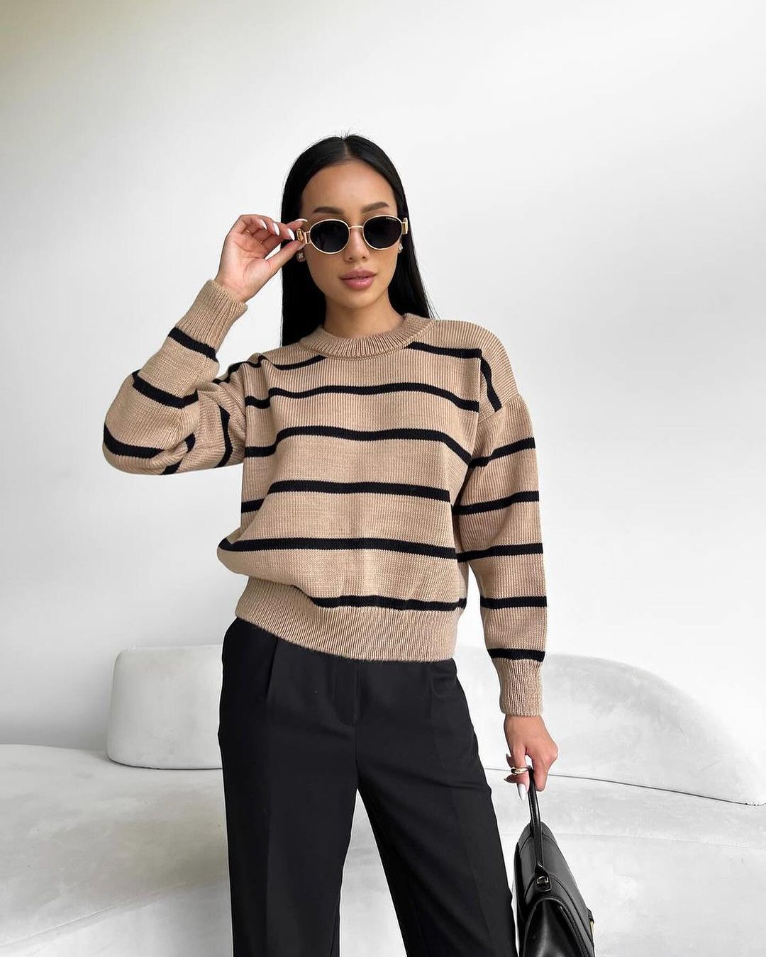 Ava Striped Sweater | Relaxed Fit Wide Round Neck Pullover