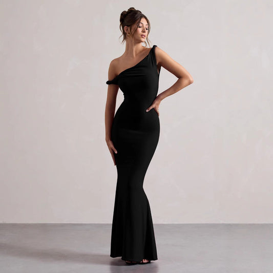 Women's long dress – Asymmetrical neckline – Fitted cut – Elegant breathable fabric