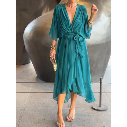 Women's long dress – Fluid fabric – Batwing sleeves – Tied belt – Asymmetrical hem