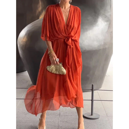 Women's long dress – Fluid fabric – Batwing sleeves – Tied belt – Asymmetrical hem