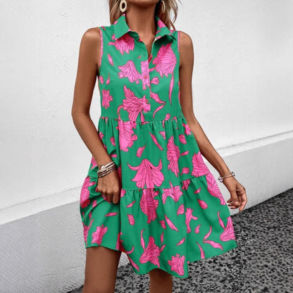 Robe courte femme – Coupe évasée – Sans manches – Boutonnée – Imprimé fleuri