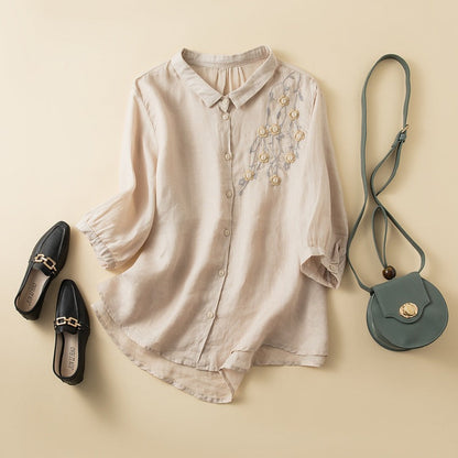 Chemise femme – Fibres naturelles – Coupe décontractée – Manches mi-longues – Broderie florale