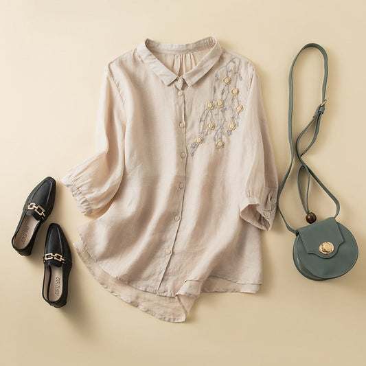 Chemise femme – Fibres naturelles – Coupe décontractée – Manches mi-longues – Broderie florale