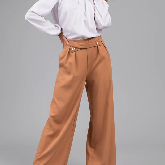 Pantalon Femme Large – Taille Haute – Boutons Décoratifs – Tissu Fluide – Longueur Totale