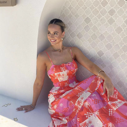 Robe maxi femme – Coupe fluide – Bretelles fines – Coton léger – Imprimé bohème