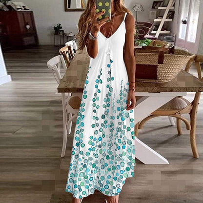 Women's long dress – Loose fit – Thin straps – V-neck – Floral print