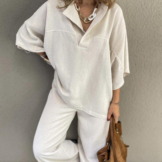 Women's Two-Piece Set – Breathable Fabric – Loose Fit – V-Neck Top – High-Waist Wide-Leg Pants