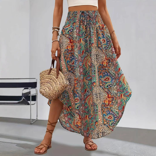 Women's long skirt – Flowing flared cut – Elastic waist – Breathable fabric – Bohemian print