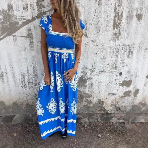 Women's long dress – Breathable fabric – Square neckline – Flutter sleeves – Smocked waist