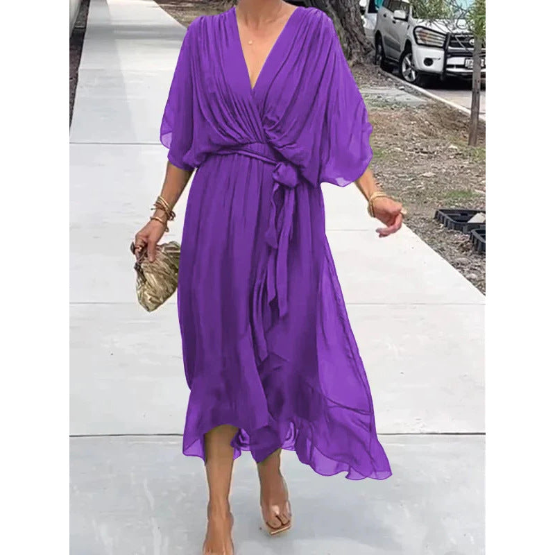 Women's long dress – Fluid fabric – Batwing sleeves – Tied belt – Asymmetrical hem