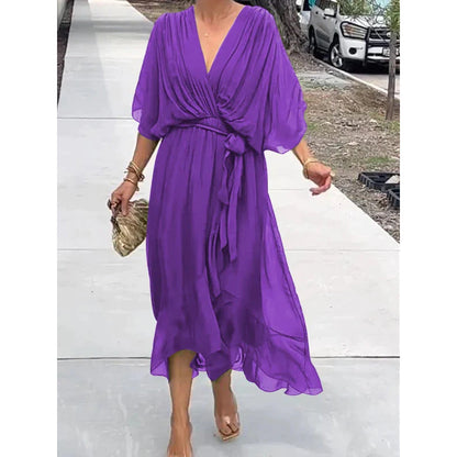 Women's long dress – Fluid fabric – Batwing sleeves – Tied belt – Asymmetrical hem