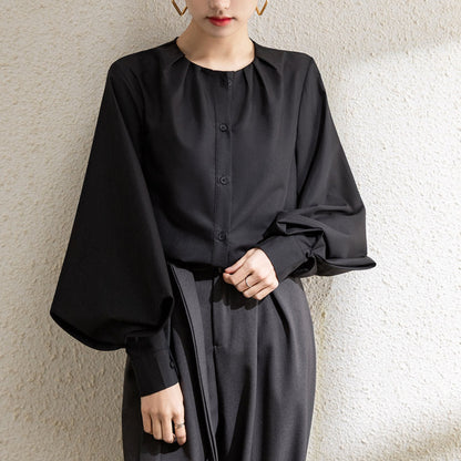 Blouse femme – Coupe ample – Manches lanterne – Col rond – Tissu fluide élégant
