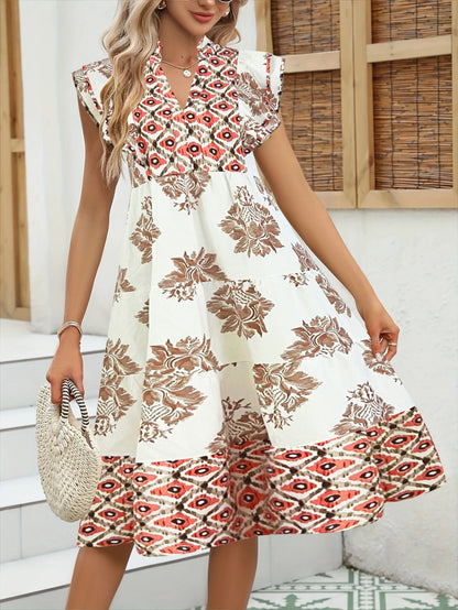 Robe midi femme – Coupe décontractée – Col en V – Manches courtes volants – Imprimée
