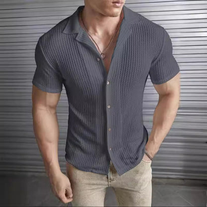 Men's T-shirt – Slim fit – Textured knit – Flat collar – Short button placket