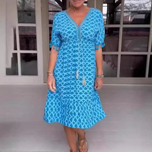 Women's midi dress – Relaxed fit – V-neck with ties – Fringed sleeves – Geometric print