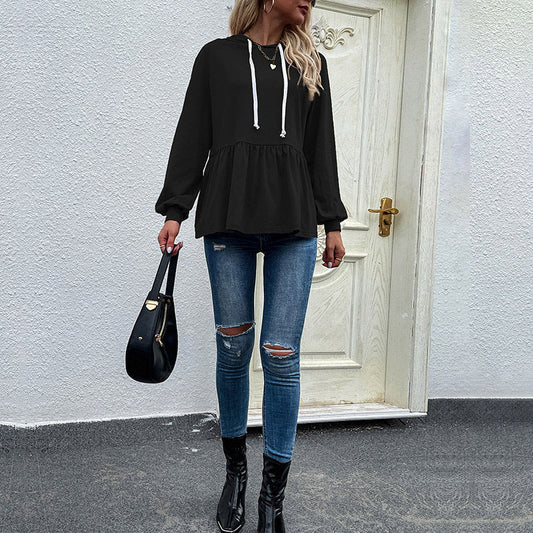 Women's Hoodie - Soft Knit - Relaxed Fit - Puff Sleeves - Ruffled Hem