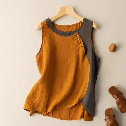 Sleeveless women's top – Relaxed fit – Asymmetric hem – Buttoned details