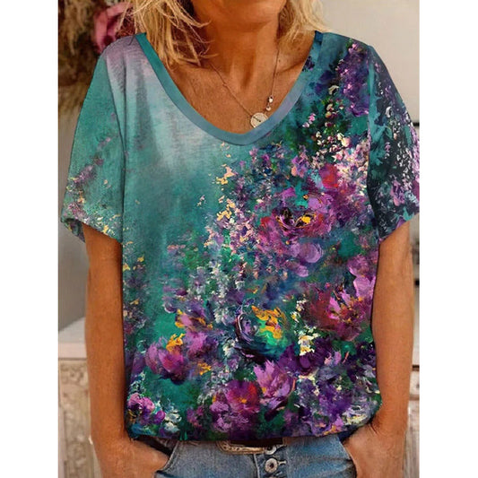 T-shirt for women – Relaxed fit – Artistic floral pattern – Soft breathable fabric