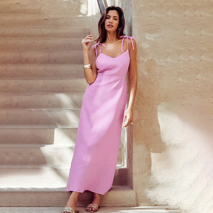 Robe longue femme – Lin et coton – Coupe évasée fluide – Bretelles réglables