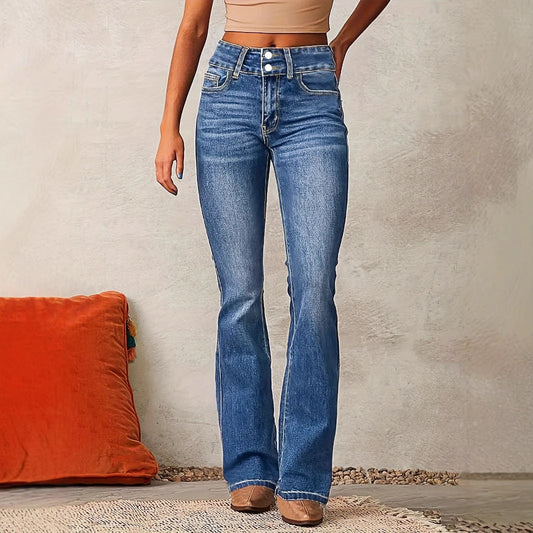 Jean évasé femme – Taille haute – Denim stretch – Coupe rétro – Longueur cheville