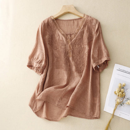 Chemise femme manches courtes – Coupe ample – Col V – Broderie élégante – Tissu respirant