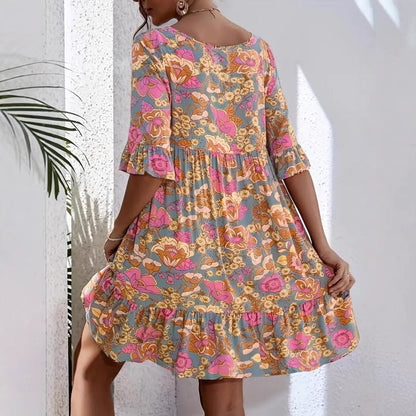 Women's dress – Fluid cut – V-neck – 3/4 ruffled sleeves – Floral print – Cotton
