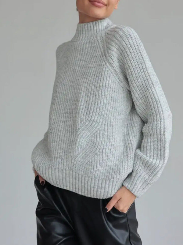 Pull femme – Maille douce – Coupe droite ample – Col montant – Manches raglan côtelées