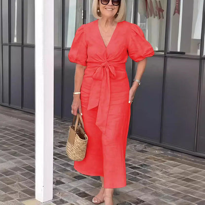 Women's Midi Dress – Natural Fibers – Puff Sleeves – Tied Waist – V-Neck