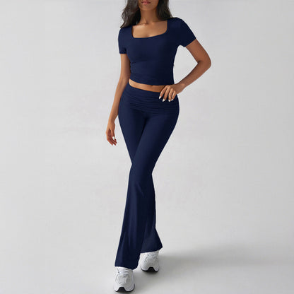 Women's Two-Piece Set – Fitted Crop Top Square Neck – High-Waisted Flared Pants