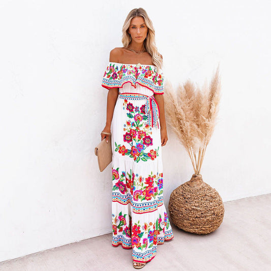 Women's long dress – Off-shoulder – Ruffles – Floral print – Ruffled skirt – Belted