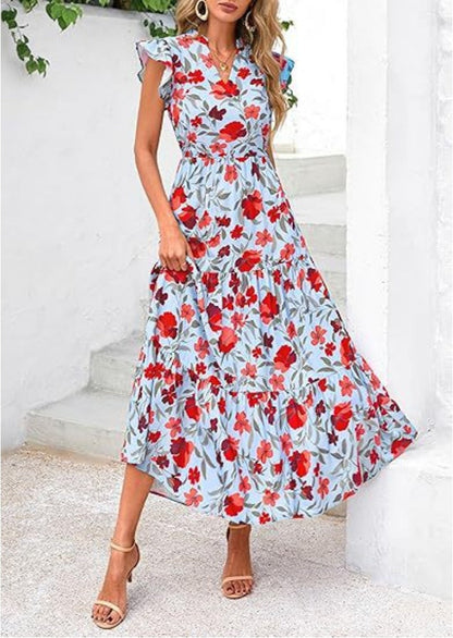 Women's mid-length dress – Flowing cut – V-neckline – Ruffled sleeves – Breathable fabric – Elegant print