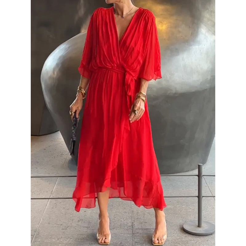 Women's long dress – Fluid fabric – Batwing sleeves – Tied belt – Asymmetrical hem