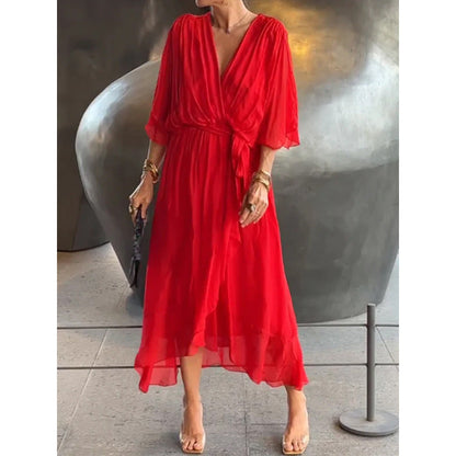 Women's long dress – Fluid fabric – Batwing sleeves – Tied belt – Asymmetrical hem