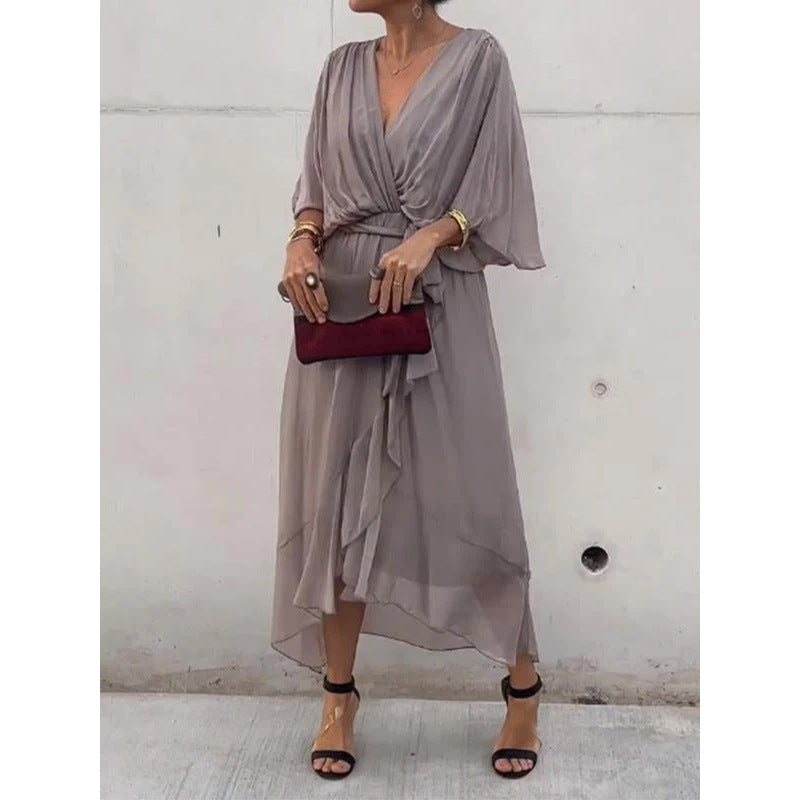 Women's long dress – Fluid fabric – Batwing sleeves – Tied belt – Asymmetrical hem