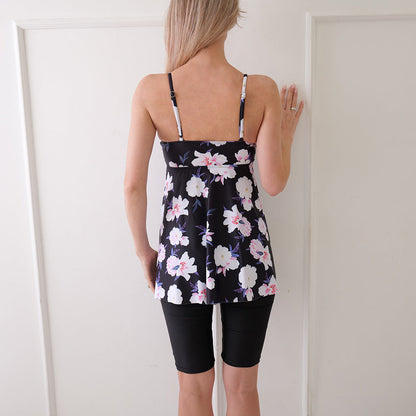 Women's swimsuit – Flared dress – Thin straps – Built-in shorts – Floral print