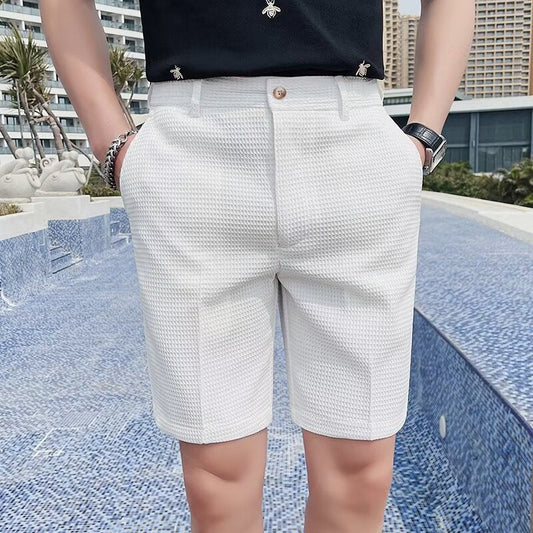 Men's shorts – Slim fit – Textured fabric – Button closure – Knee length