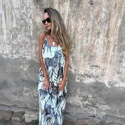 Women's long dress – Loose fit – Natural fibers – Adjustable straps – Pockets