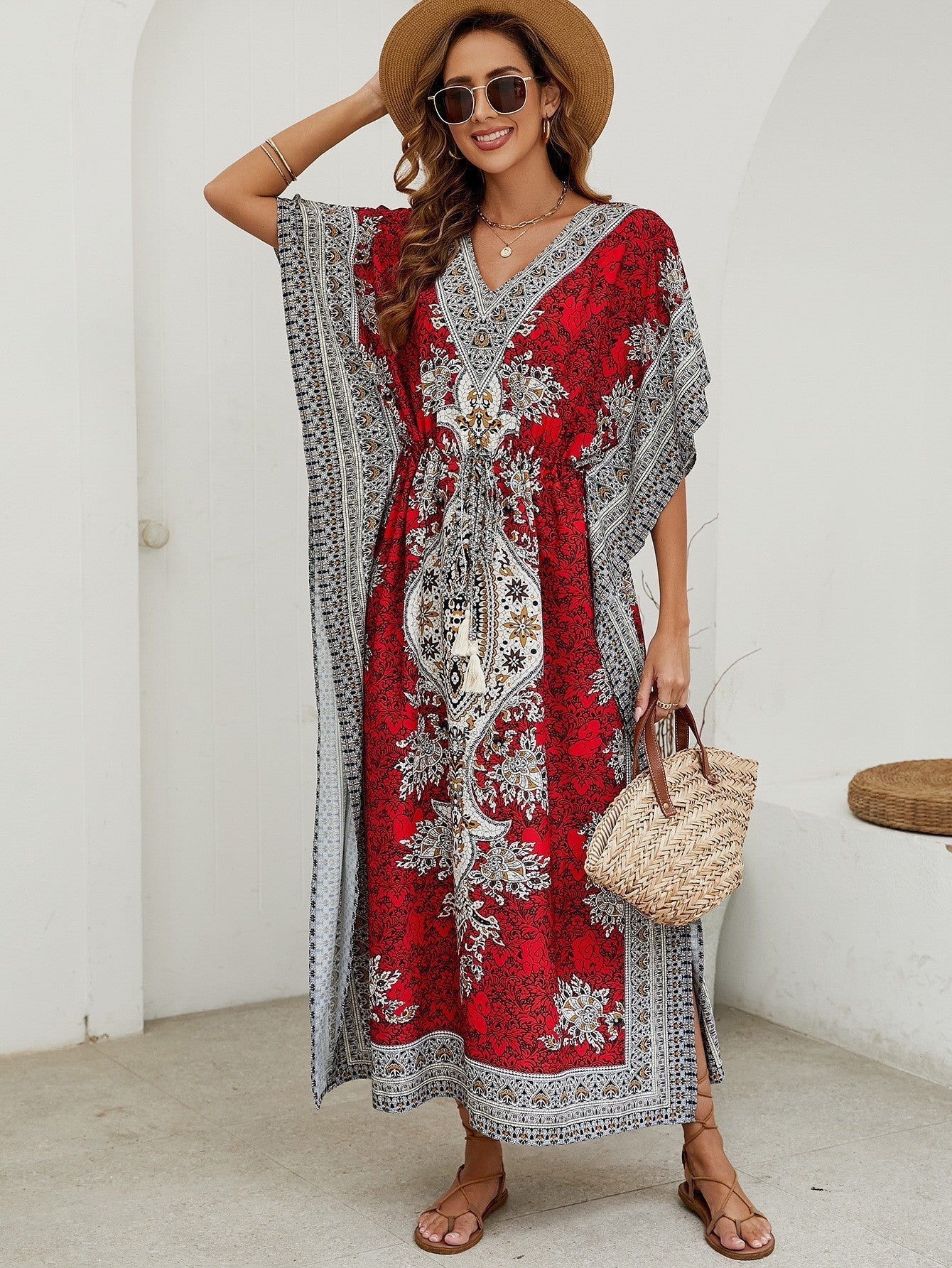 Women's long dress – Flowing cut – V-neck – Short wide sleeves – Ornate patterns