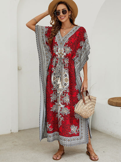 Women's long dress – Flowing cut – V-neck – Short wide sleeves – Ornate patterns
