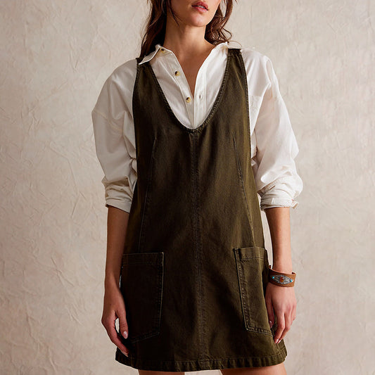 Women's Mini Dress – Loose Fit – Plunging Neckline – Sleeveless – Natural Fibers
