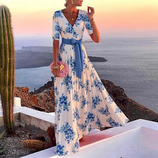 Robe longue portefeuille femme – Coton – Imprimé fleuri – Manches coudes – Col V