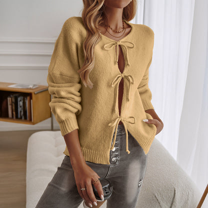 Gilet femme – Maille douce – Coupe décontractée – Liens à nouer – Finitions côtelées