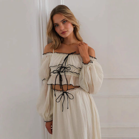 Ensemble Femme – Haut Épaules Dénudées et Jupe Longue – Coupe Ample – Détail Volants