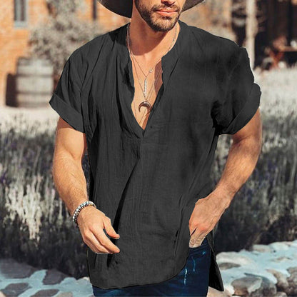 Casual men's shirt – Loose fit – Short sleeves – Breathable natural fibers – V-neck