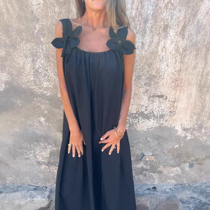 Women's long dress – Relaxed fit – Breathable flowing fabric – Floral shoulders